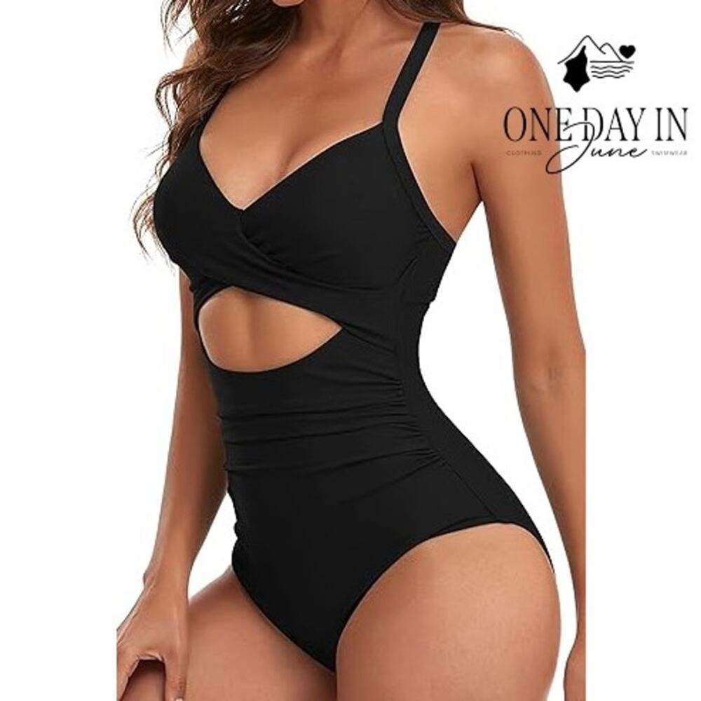 Eomenie Cross Front Cutout One Piece Swimsuit Black Tie Back NWT Size L